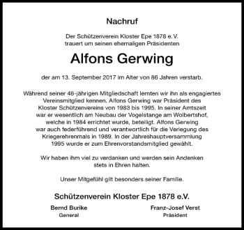 Anzeige von Alfons Gerwing von Westfälische Nachrichten