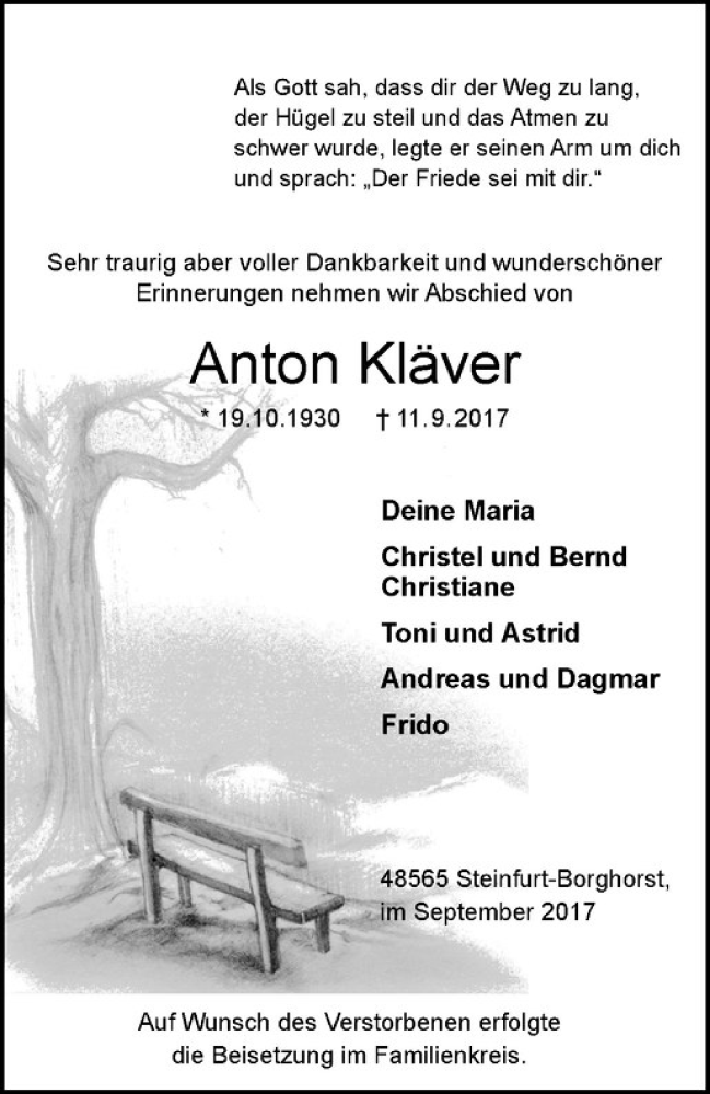  Traueranzeige für Anton Kläver vom 20.09.2017 aus Westfälische Nachrichten