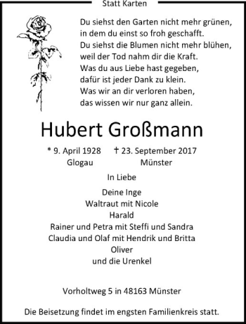 Anzeige von Hubert Großmann von Westfälische Nachrichten
