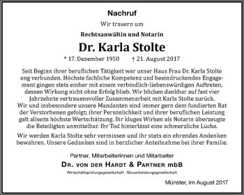 Anzeige von Karla Stolte von Westfälische Nachrichten