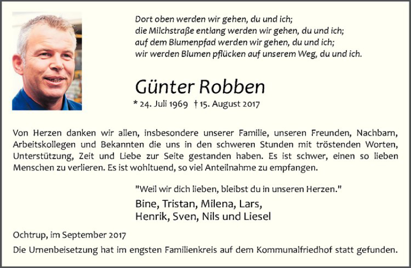  Traueranzeige für Günter Robben vom 27.09.2017 aus Westfälische Nachrichten