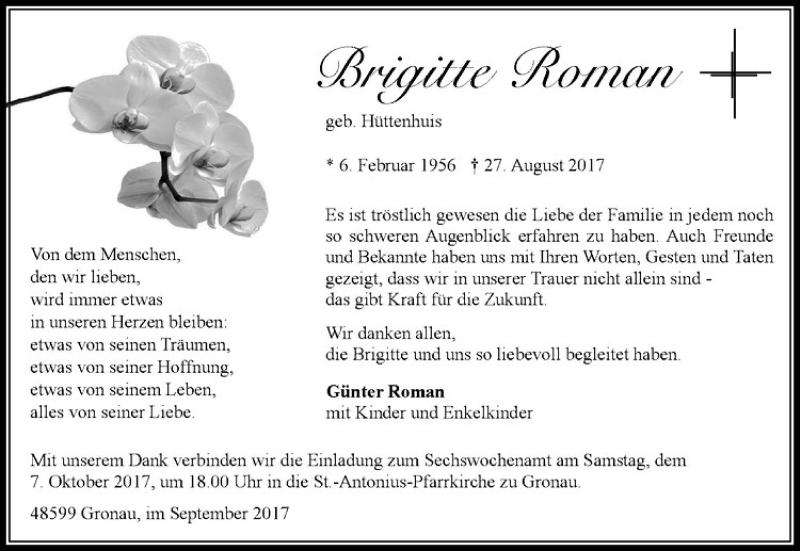  Traueranzeige für Brigitte Roman vom 30.09.2017 aus Westfälische Nachrichten