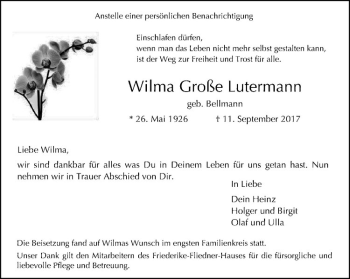 Anzeige von Wilma Große Lutermann von Westfälische Nachrichten