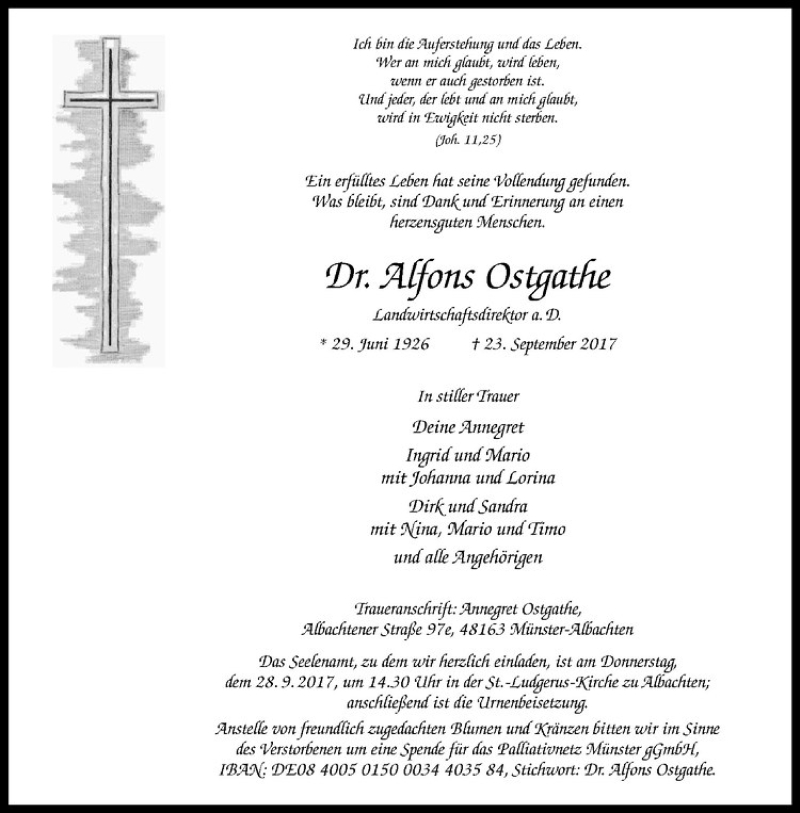  Traueranzeige für Alfons Ostgathe vom 27.09.2017 aus Westfälische Nachrichten