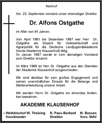 Anzeige von Alfons Ostgathe von Westfälische Nachrichten