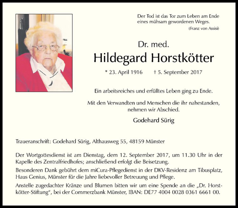  Traueranzeige für Hildegard Horstkötter vom 09.09.2017 aus Westfälische Nachrichten