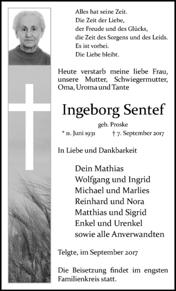 Anzeige von Ingeborg Sentef von Westfälische Nachrichten