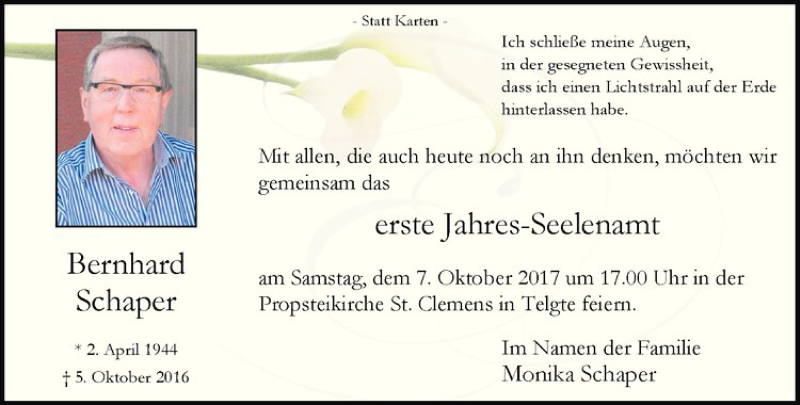  Traueranzeige für Bernhard Schaper vom 30.09.2017 aus Westfälische Nachrichten