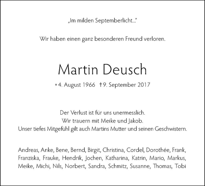  Traueranzeige für Martin Deusch vom 13.09.2017 aus Westfälische Nachrichten