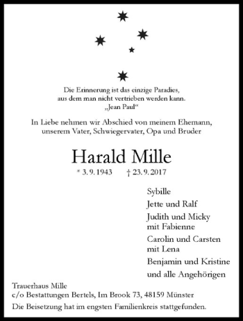 Anzeige von Harald Mille von Westfälische Nachrichten