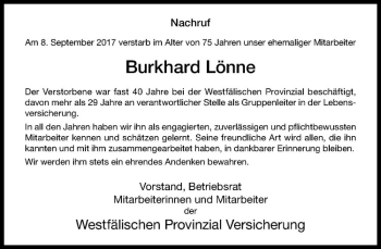 Anzeige von Burkhard Lönne von Westfälische Nachrichten