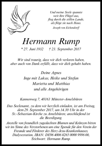 Anzeige von Hermann Rump von Westfälische Nachrichten