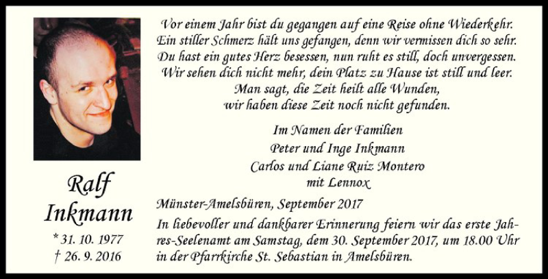  Traueranzeige für Ralf Inkmann vom 23.09.2017 aus Westfälische Nachrichten