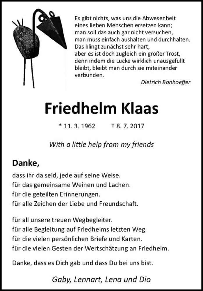  Traueranzeige für Friedhelm Klaas vom 09.09.2017 aus Westfälische Nachrichten