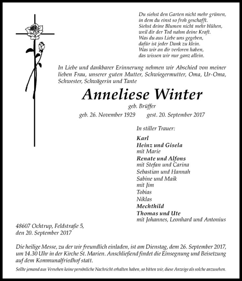  Traueranzeige für Anneliese Winter vom 23.09.2017 aus Westfälische Nachrichten