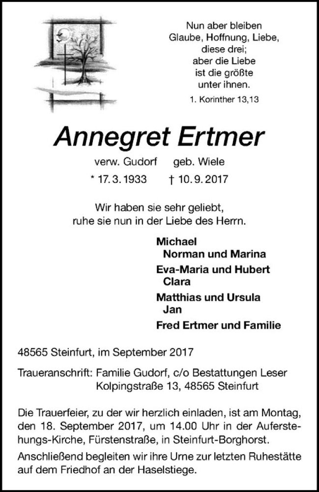  Traueranzeige für Annegret Ertmer vom 15.09.2017 aus Westfälische Nachrichten