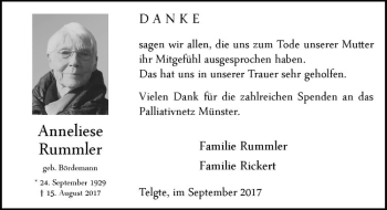 Anzeige von Anneliese Rummler von Westfälische Nachrichten