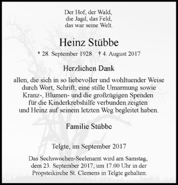 Anzeige von Heinz Stübbe von Westfälische Nachrichten