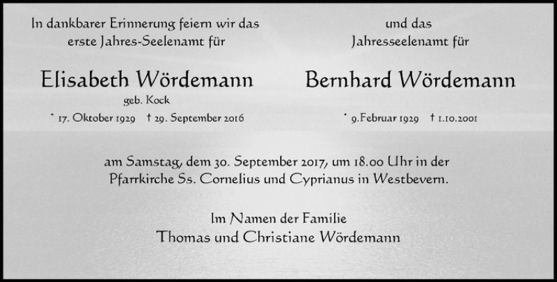  Traueranzeige für Elisabeth Wördemann vom 23.09.2017 aus Westfälische Nachrichten