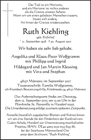 Anzeige von Ruth Kiehling von Westfälische Nachrichten