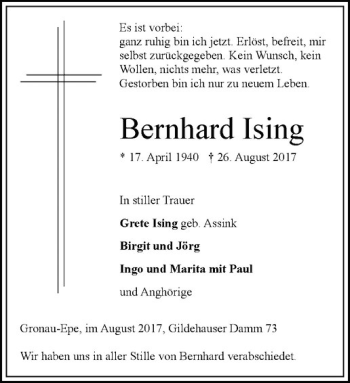 Anzeige von Bernhard Ising von Westfälische Nachrichten