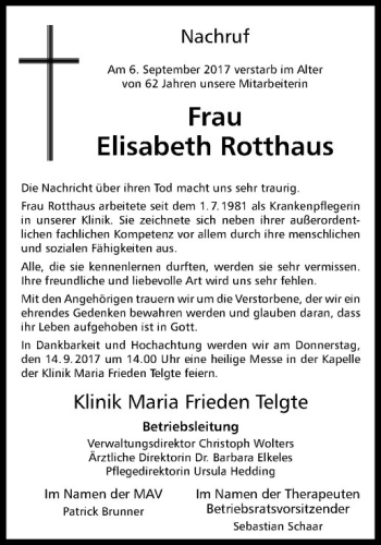 Anzeige von Elisabeth Rotthaus von Westfälische Nachrichten