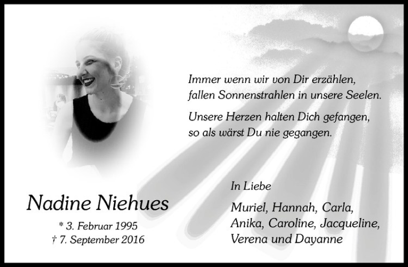  Traueranzeige für Nadine Niehues vom 07.09.2017 aus Westfälische Nachrichten