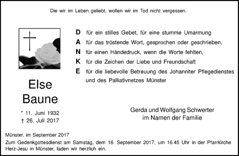  Traueranzeige für Else Baune vom 13.09.2017 aus Westfälische Nachrichten