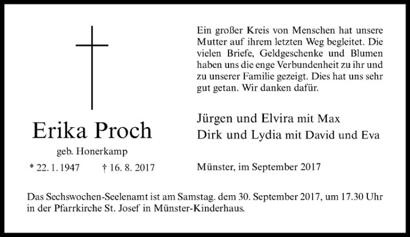  Traueranzeige für Erika Proch vom 23.09.2017 aus Westfälische Nachrichten