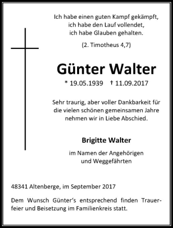 Anzeige von Günter Walter von Westfälische Nachrichten