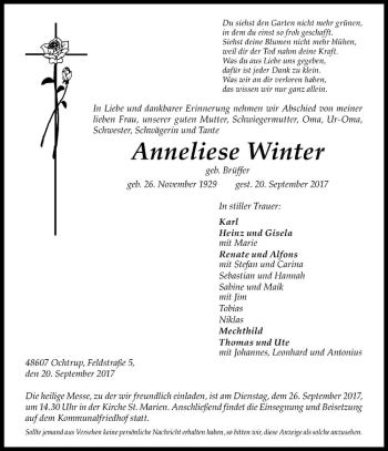 Anzeige von Anneliese Winter von Westfälische Nachrichten