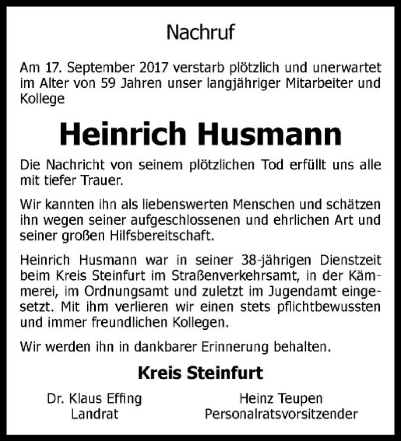  Traueranzeige für Heinrich Husmann vom 22.09.2017 aus Westfälische Nachrichten