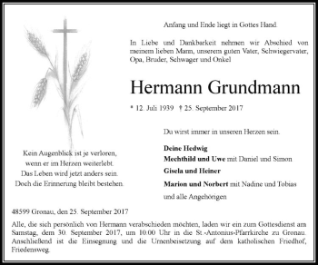 Anzeige von Hermann Grundmann von Westfälische Nachrichten