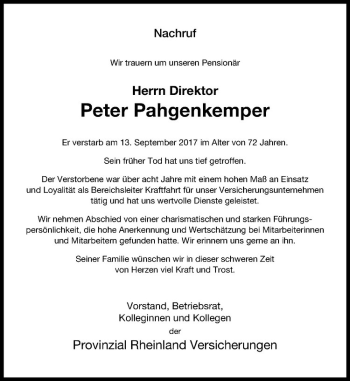 Anzeige von Peter Pahgenkemper von Westfälische Nachrichten