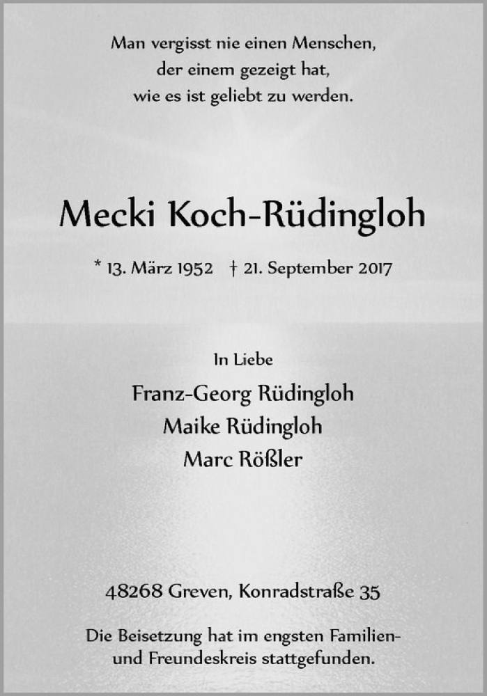  Traueranzeige für Mecki Koch-Rüdingloh vom 30.09.2017 aus Westfälische Nachrichten