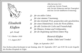 Anzeige von Elisabeth Klaßen von Westfälische Nachrichten