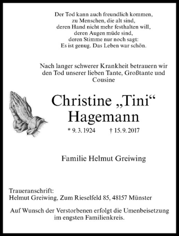 Anzeige von Christine Hagemann von Westfälische Nachrichten
