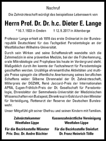 Anzeige von Dieter E. Lange von Westfälische Nachrichten