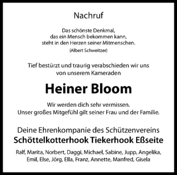 Anzeige von Heiner Bloom von Westfälische Nachrichten