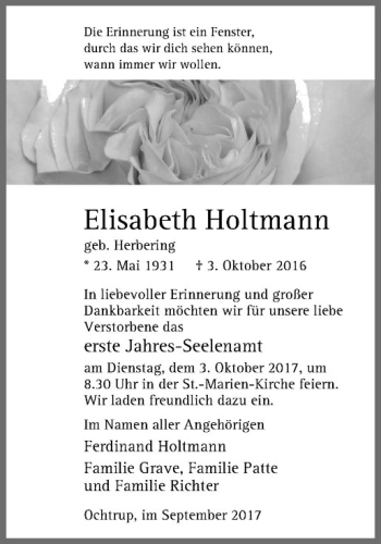 Anzeige von Elisabeth Holtmann von Westfälische Nachrichten