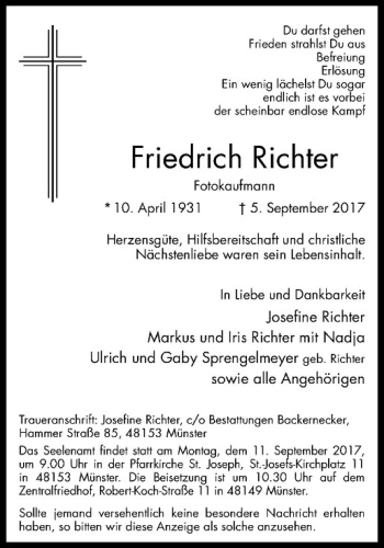 Anzeige von Friedrich Richter von Westfälische Nachrichten
