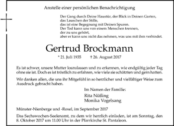 Anzeige von Gertrud Brockmann von Westfälische Nachrichten