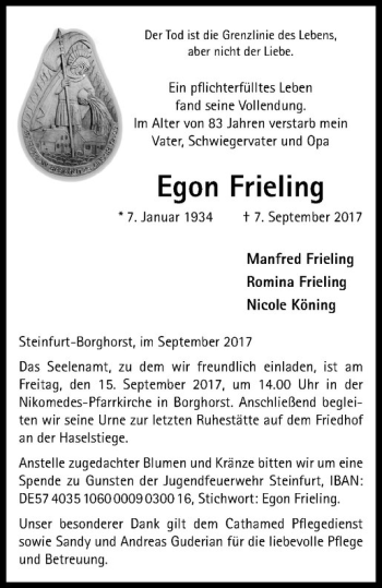Anzeige von Egon Frieling von Westfälische Nachrichten
