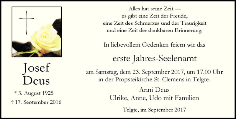  Traueranzeige für Josef Deus vom 16.09.2017 aus Westfälische Nachrichten