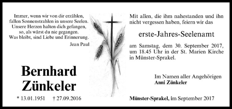  Traueranzeige für Bernhard Zünkeler vom 23.09.2017 aus Westfälische Nachrichten