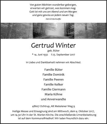 Anzeige von Gertrud Winter von Westfälische Nachrichten