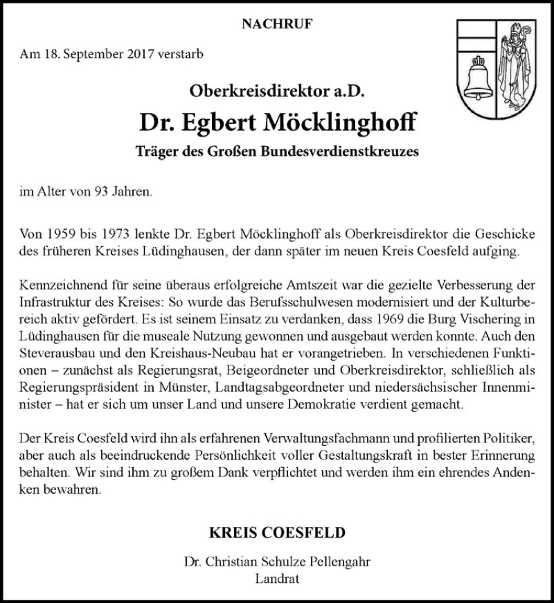  Traueranzeige für Egbert Möcklinghoff vom 27.09.2017 aus Westfälische Nachrichten