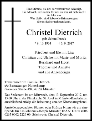 Anzeige von Christel Dietrich von Westfälische Nachrichten