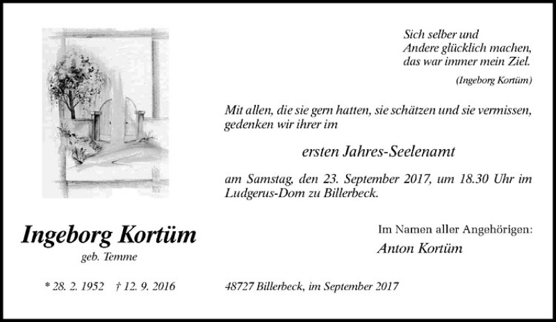  Traueranzeige für Ingeborg Kortüm vom 19.09.2017 aus Westfälische Nachrichten