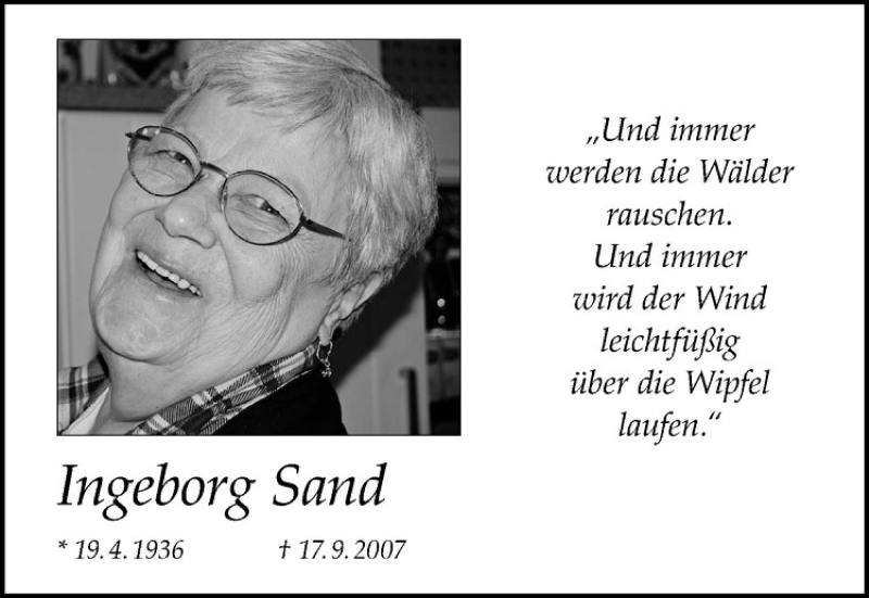  Traueranzeige für Ingeborg Sand vom 16.09.2017 aus Westfälische Nachrichten